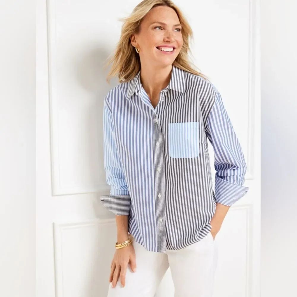 Talbot's Plus Petite Poplin Short Shirt in Blue & Black Mixed Stripe Size 2XP